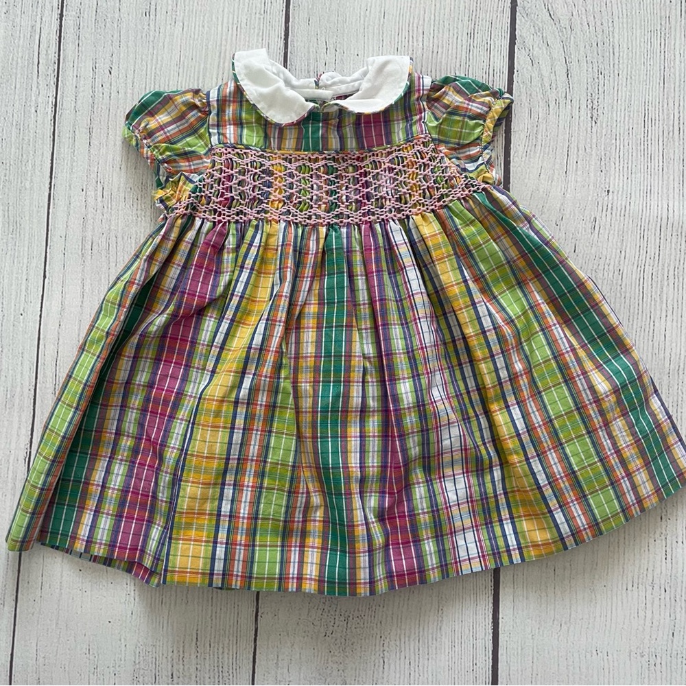 Ralph Lauren Pink & Green Smocked Collared Dress Size 6 months